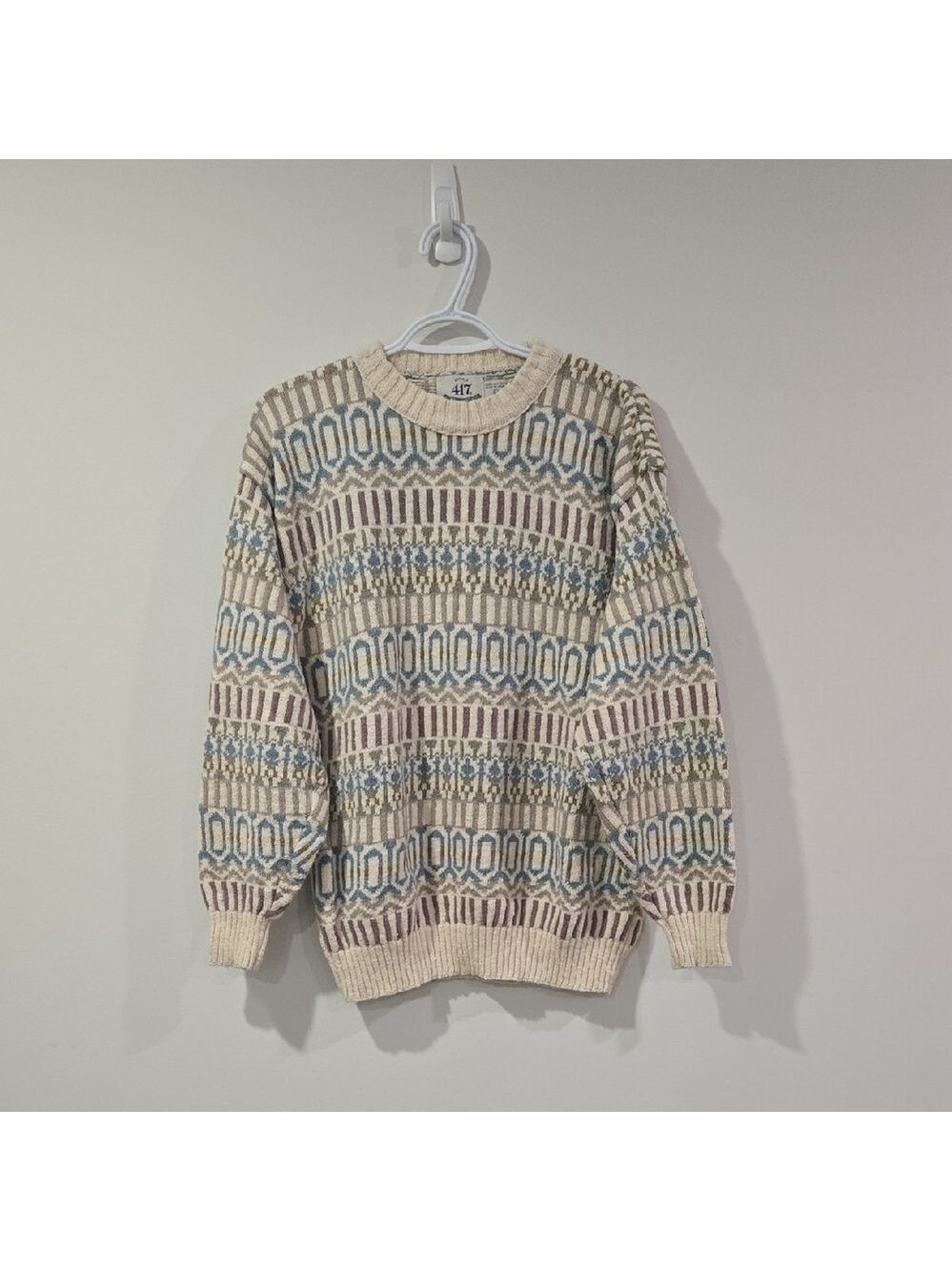 Retro 90's Van Heusen Beige and Blue Patterned Crewneck Cotton Knit Sweater